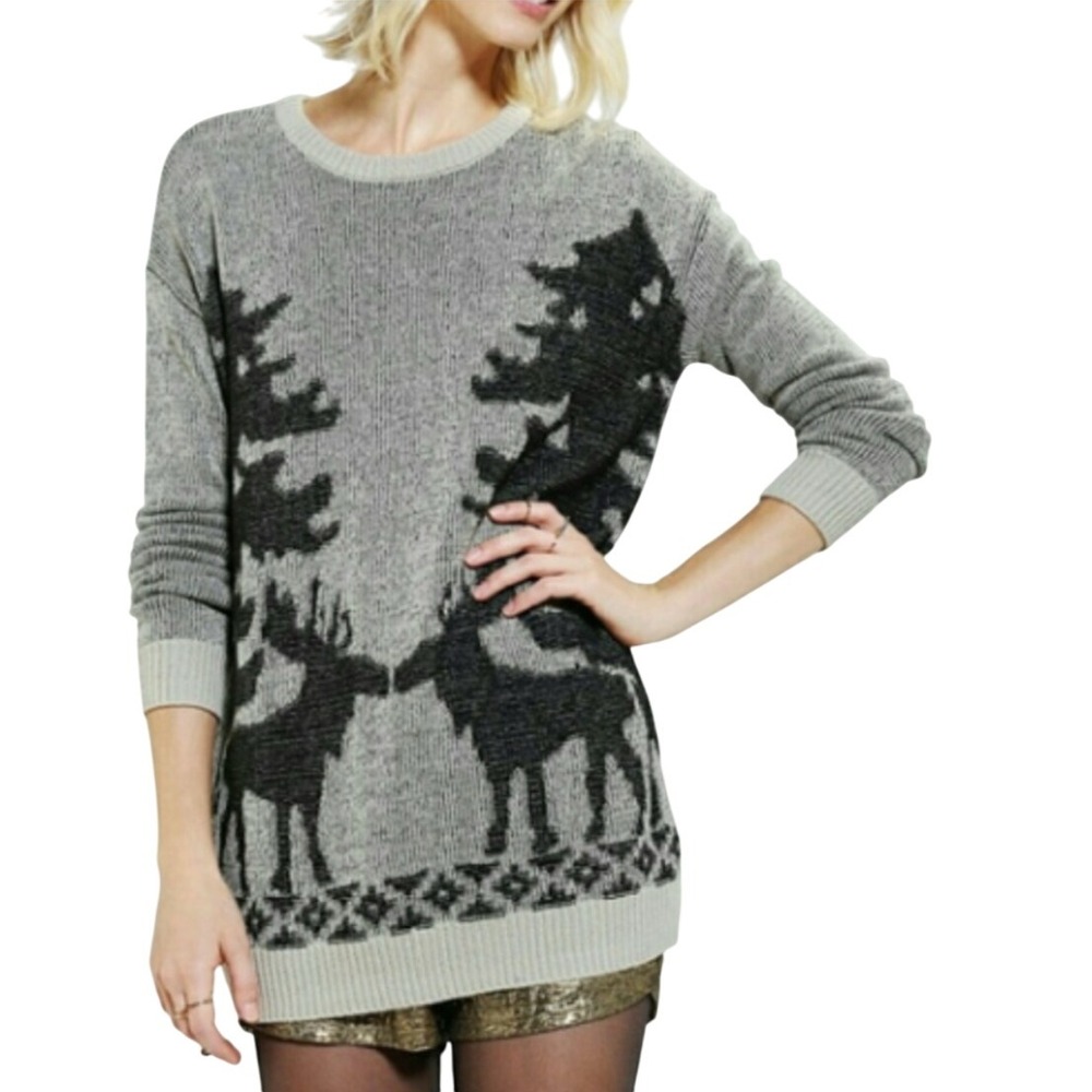BDG Urban Outfitters Moose Love Kissing Gray Knit Sweater Women S Boho Cute